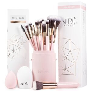 Niré Beauty 15piece Pink Rose Gold Makeup Brushes Set & Beauty Blender With Case